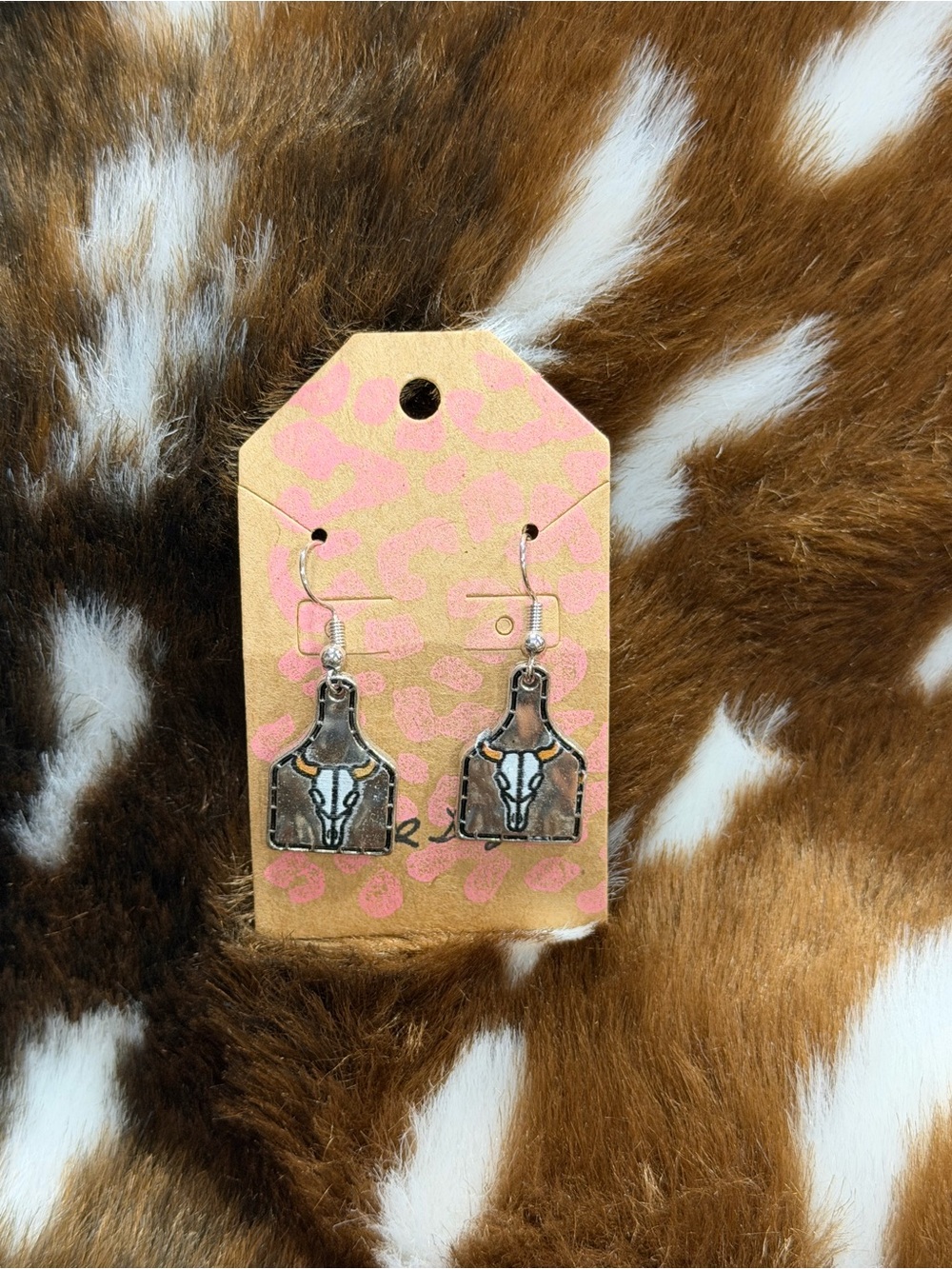 Western Cow Skull Tag Earrings in Silver